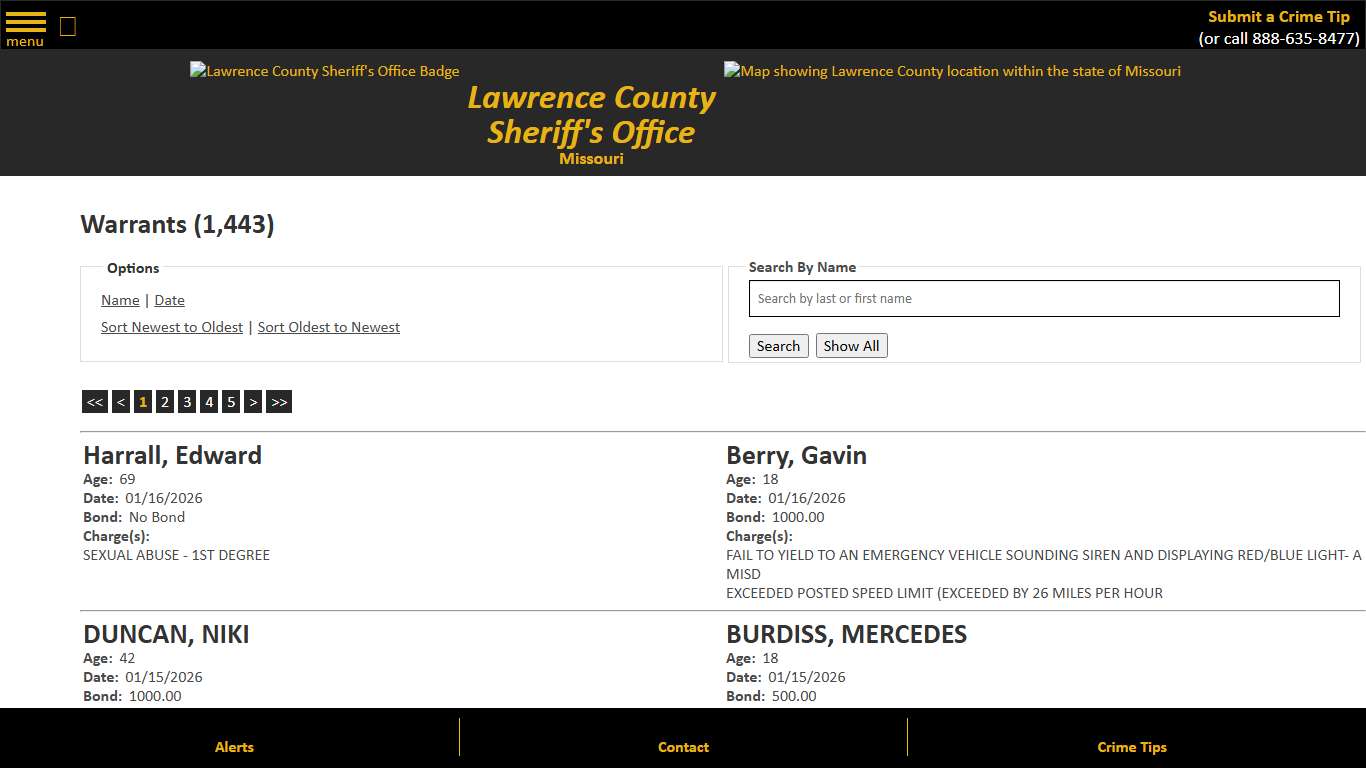 Warrants - Warrant Date - Descending - Lawrence County Sheriff MO