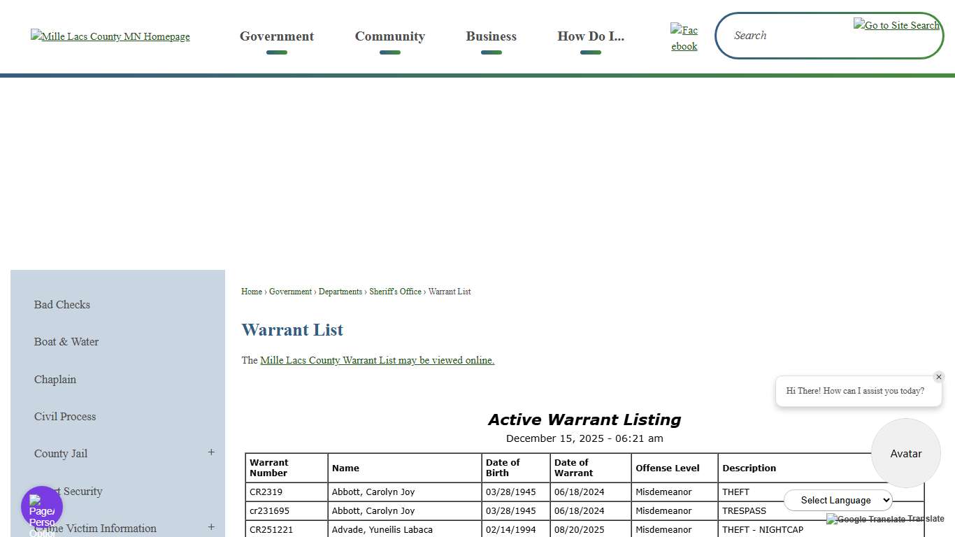 Warrant List | Mille Lacs County, MN
